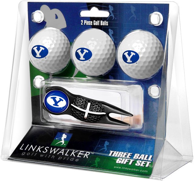 Brigham Young Univ. Cougars Regulation Size 3 Golf Ball Gift Pack with Crosshair Divot Tool (Black)