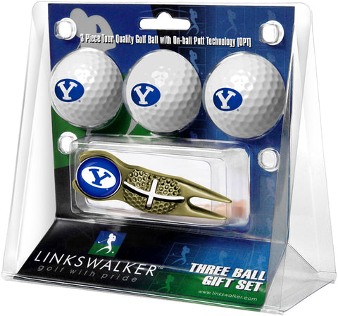 Brigham Young Univ. Cougars - Gold Crosshair Divot Tool 3 Ball Gift Pack