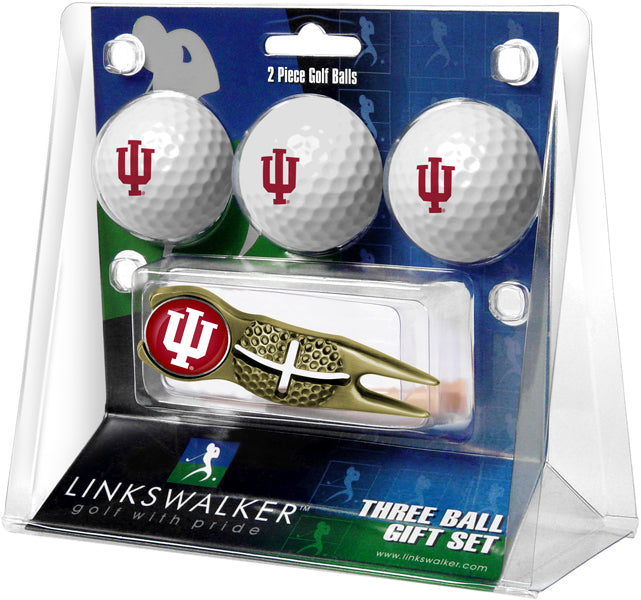 Indiana Hoosiers Regulation Size 3 Golf Ball Gift Pack with Crosshair Divot Tool (Gold)