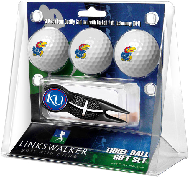 Kansas Jayhawk - Black Crosshair Divot Tool 3 Ball Gift Pack