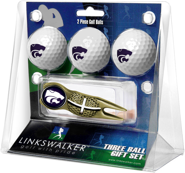 Kansas State Wildcats Regulation Size 3 Golf Ball Gift Pack with Crosshair Divot Tool (Gold)