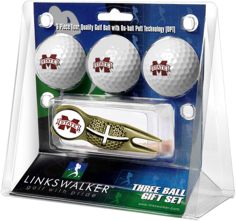 Mississippi State Bulldogs - Gold Crosshair Divot Tool 3 Ball Gift Pack