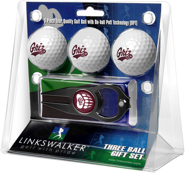 Montana Grizzlies - 3 Ball Gift Pack with Hat Trick Divot Tool Black