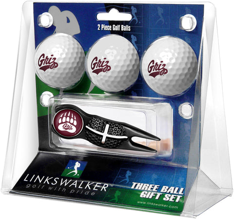 Montana Grizzlies Regulation Size 3 Golf Ball Gift Pack with Crosshair Divot Tool (Black)