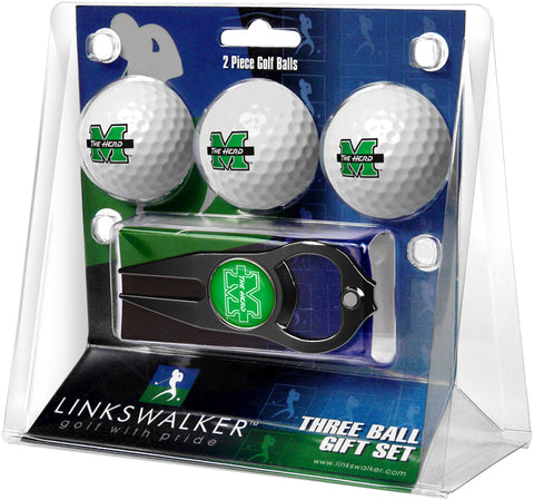 Marshall University Thundering Herd Regulation Size 3 Golf Ball Gift Pack with Hat Trick Divot Tool (Black)