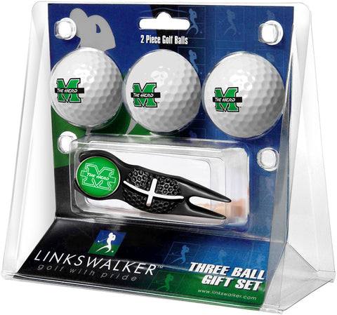 Marshall University Thundering Herd Regulation Size 3 Golf Ball Gift Pack with Crosshair Divot Tool (Black)