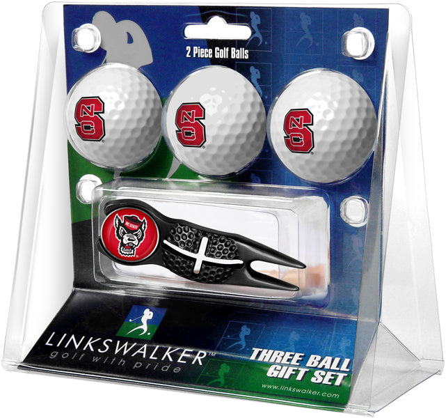 NC State Wolfpack Regulation Size 3 Golf Ball Gift Pack with Crosshair Divot Tool (Black)