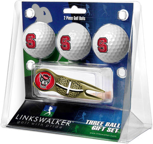 NC State Wolfpack Regulation Size 3 Golf Ball Gift Pack with Crosshair Divot Tool (Gold)