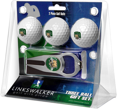 Ohio University Bobcats Regulation Size 3 Golf Ball Gift Pack with Hat Trick Divot Tool (Silver)