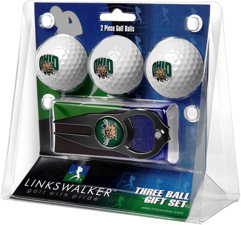 Ohio University Bobcats Regulation Size 3 Golf Ball Gift Pack with Hat Trick Divot Tool (Black)