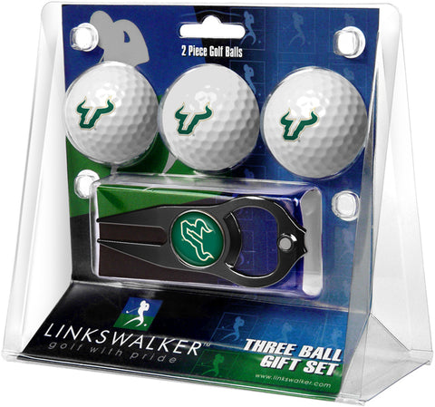 South Florida Bulls Regulation Size 3 Golf Ball Gift Pack with Hat Trick Divot Tool (Black)