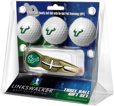 South Florida Bulls - Gold Crosshair Divot Tool 3 Ball Gift Pack