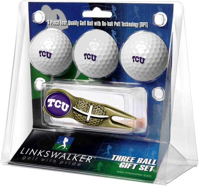 Texas Christian Horned Frogs - Gold Crosshair Divot Tool 3 Ball Gift Pack