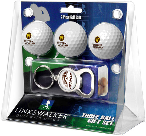 Western Michigan Broncos Regulation Size 3 Golf Ball Gift Pack with Keychain Bottle Opener