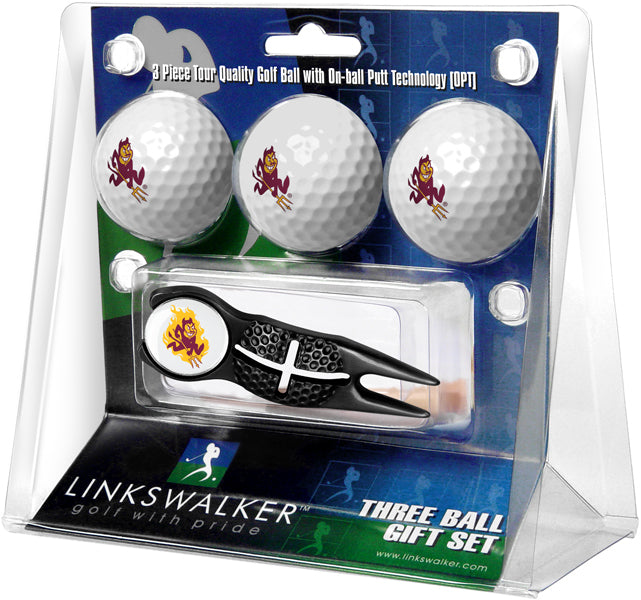 Arizona State Sun Devils - Black Crosshair Divot Tool 3 Ball Gift Pack