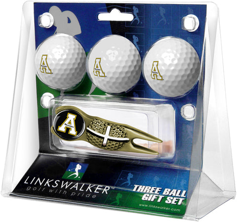 Appalachian State Mountaineers Regulation Size 3 Golf Ball Gift Pack with Crosshair Divot Tool (Gold)