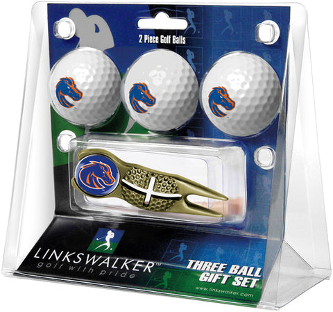 Boise State Broncos Regulation Size 3 Golf Ball Gift Pack with Crosshair Divot Tool (Gold)