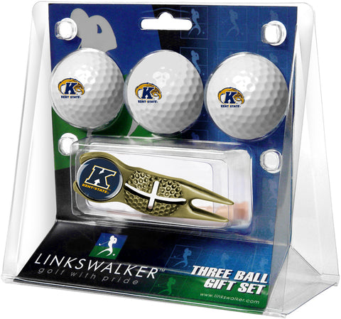 Kent State Golden Flashes Regulation Size 3 Golf Ball Gift Pack with Crosshair Divot Tool (Gold)