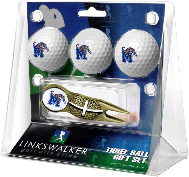 Memphis Tigers Regulation Size 3 Golf Ball Gift Pack with Crosshair Divot Tool (Gold)