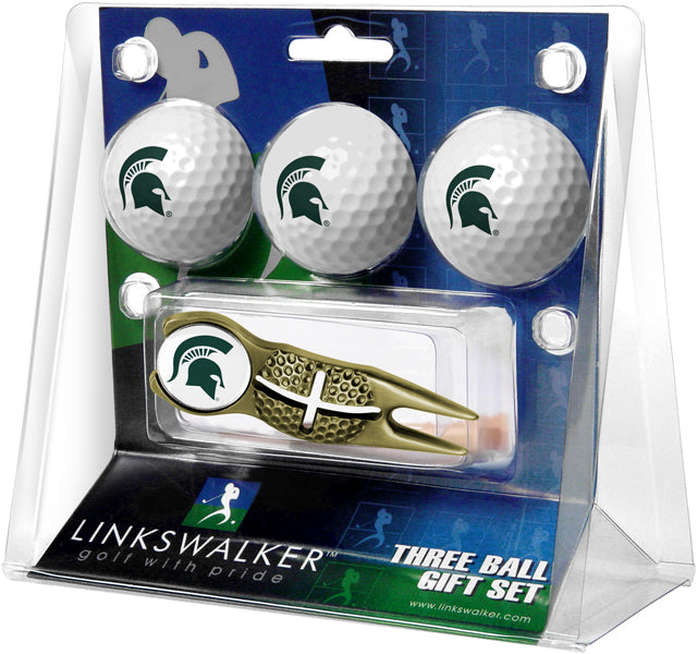 Michigan State Spartans Regulation Size 3 Golf Ball Gift Pack with Crosshair Divot Tool (Gold)