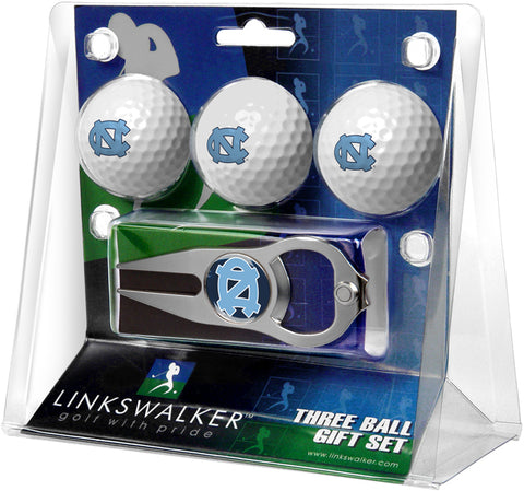 North Carolina Tar Heels Regulation Size 3 Golf Ball Gift Pack with Hat Trick Divot Tool (Silver)