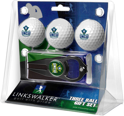 North Carolina Wilmington Seahawks Regulation Size 3 Golf Ball Gift Pack with Hat Trick Divot Tool (Black)