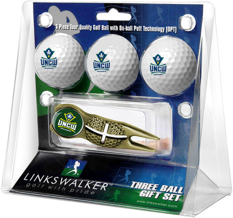 North Carolina Wilmington Seahawks - Gold Crosshair Divot Tool 3 Ball Gift Pack