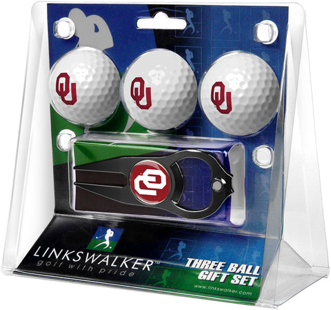 Oklahoma Sooners Regulation Size 3 Golf Ball Gift Pack with Hat Trick Divot Tool (Black)