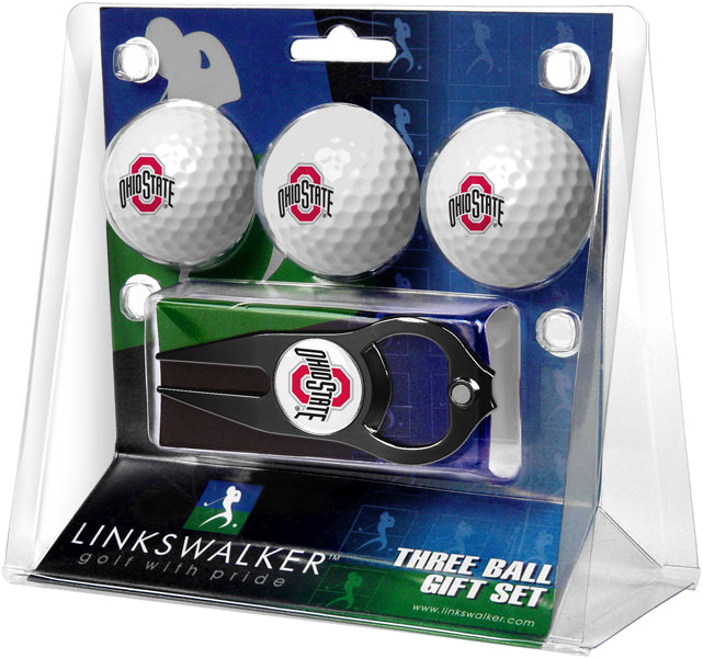 Ohio State Buckeyes Regulation Size 3 Golf Ball Gift Pack with Hat Trick Divot Tool (Black)