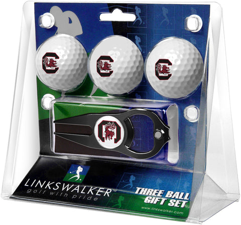 South Carolina Gamecocks Regulation Size 3 Golf Ball Gift Pack with Hat Trick Divot Tool (Black)