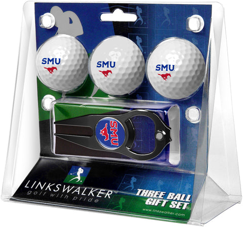 Southern Methodist University Mustangs Regulation Size 3 Golf Ball Gift Pack with Hat Trick Divot Tool (Black)