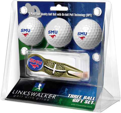 Southern Methodist University Mustangs - Gold Crosshair Divot Tool 3 Ball Gift Pack